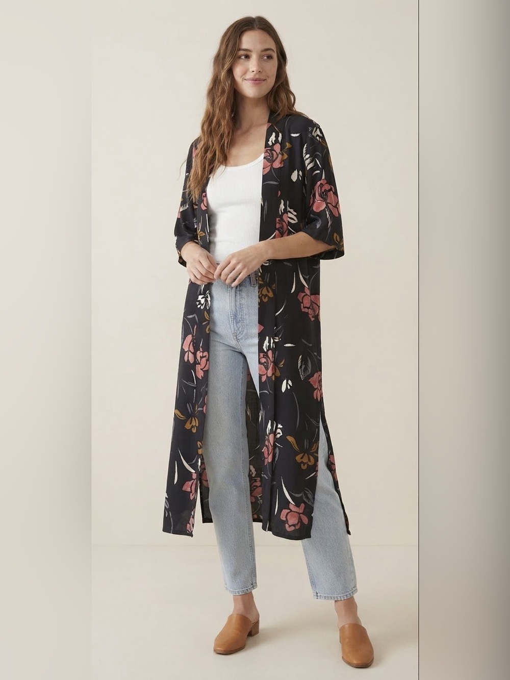 Saltwater Luxe Black Floral Print Long Kimono Duster Cardigan Side Slits Medium